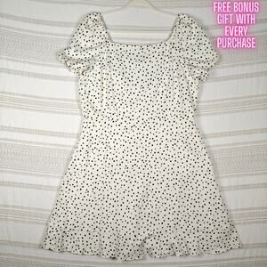Loft White Black Polka Dot Puff Sleeve Lined Dress Size 14 NEW